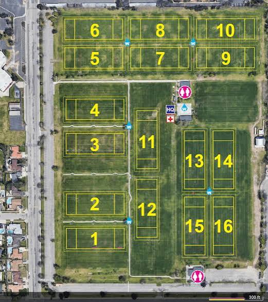 San Bernardino Soccer Complex field layout showing fields 1 through 16 and central amenities