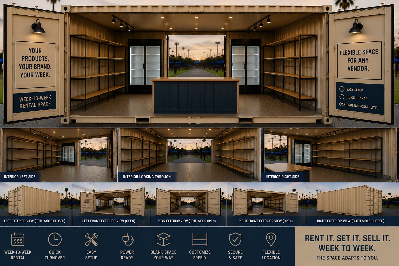 Illustrative interior and exterior views of a flexible vendor container
