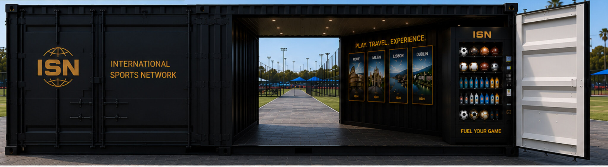 Illustrative branded International Sports Network container storefront