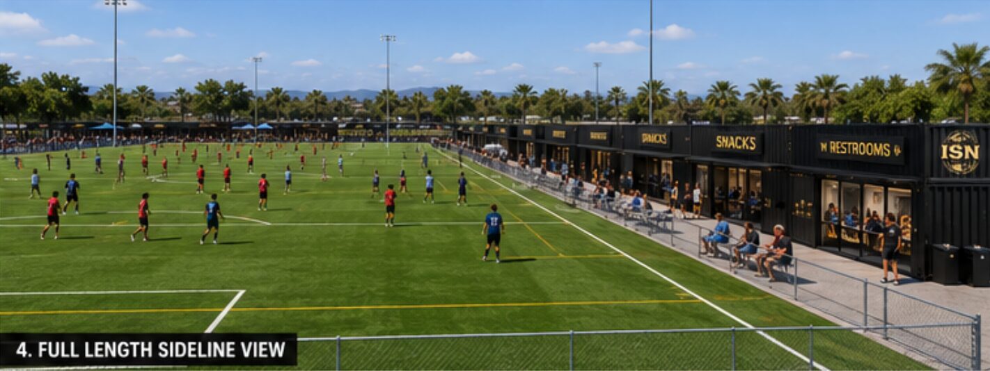 Illustrative full-length view of Marketplace storefronts beside sports fields