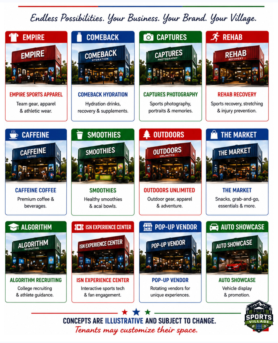 Illustrative vendor storefront concepts for the Sports Village Marketplace