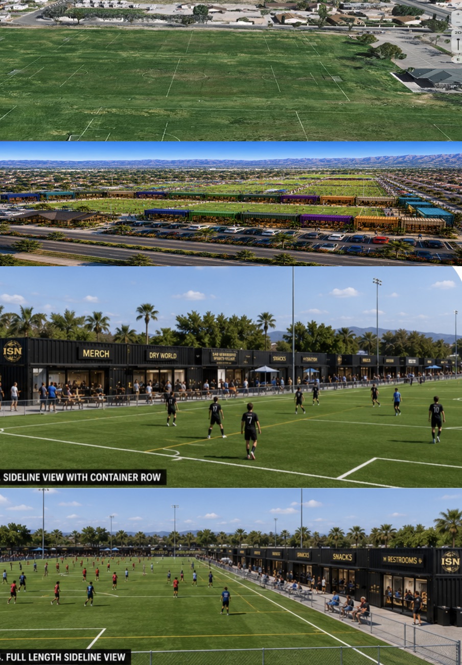 The current property above illustrative renderings of the Marketplace at SB Sports Village, including the panoramic view, the sideline container row and the full-length sideline view